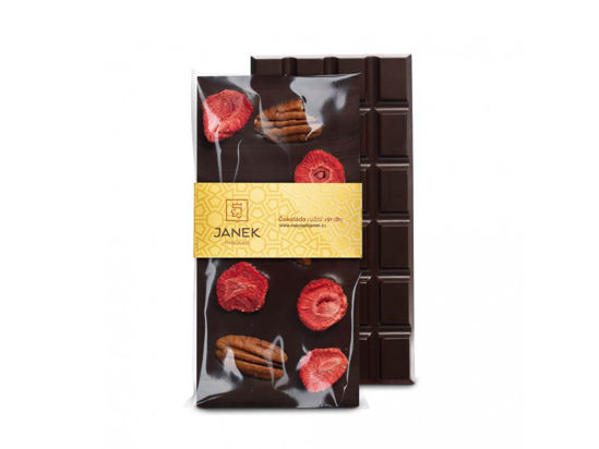 Obrázek Hořká čokoláda s pekanovými ořechy a lyofilizovanými jahodami 95g Janek